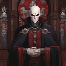 A high-quality digital art illustration that depicts a Vampire Zendikar who is a cleric of the blood domain