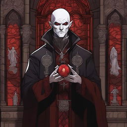 A high-quality digital art illustration that depicts a Vampire Zendikar who is a cleric of the blood domain