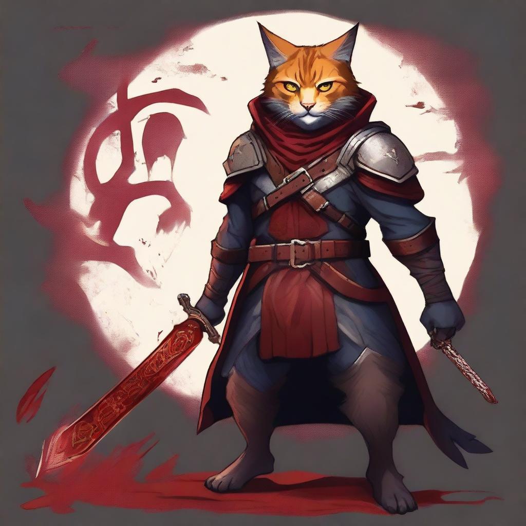 An impressive digital art illustration of a large-breed Catfolk who is a blood hunter of the order of the profane soul