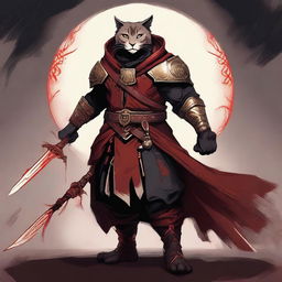 An impressive digital art illustration of a large-breed Catfolk who is a blood hunter of the order of the profane soul