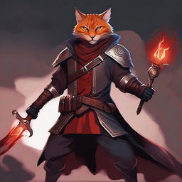 An impressive digital art illustration of a large-breed Catfolk who is a blood hunter of the order of the profane soul