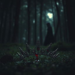 A captivating scene featuring a tiara split in half, resting on the forest floor with a drop of blood perched delicately on one piece