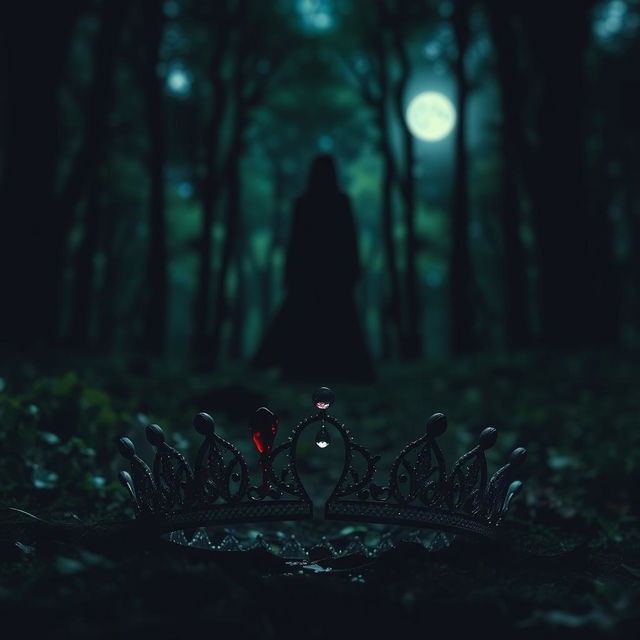 A captivating scene featuring a tiara split in half, resting on the forest floor with a drop of blood perched delicately on one piece