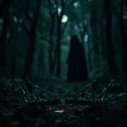 A captivating scene featuring a tiara split in half, resting on the forest floor with a drop of blood perched delicately on one piece