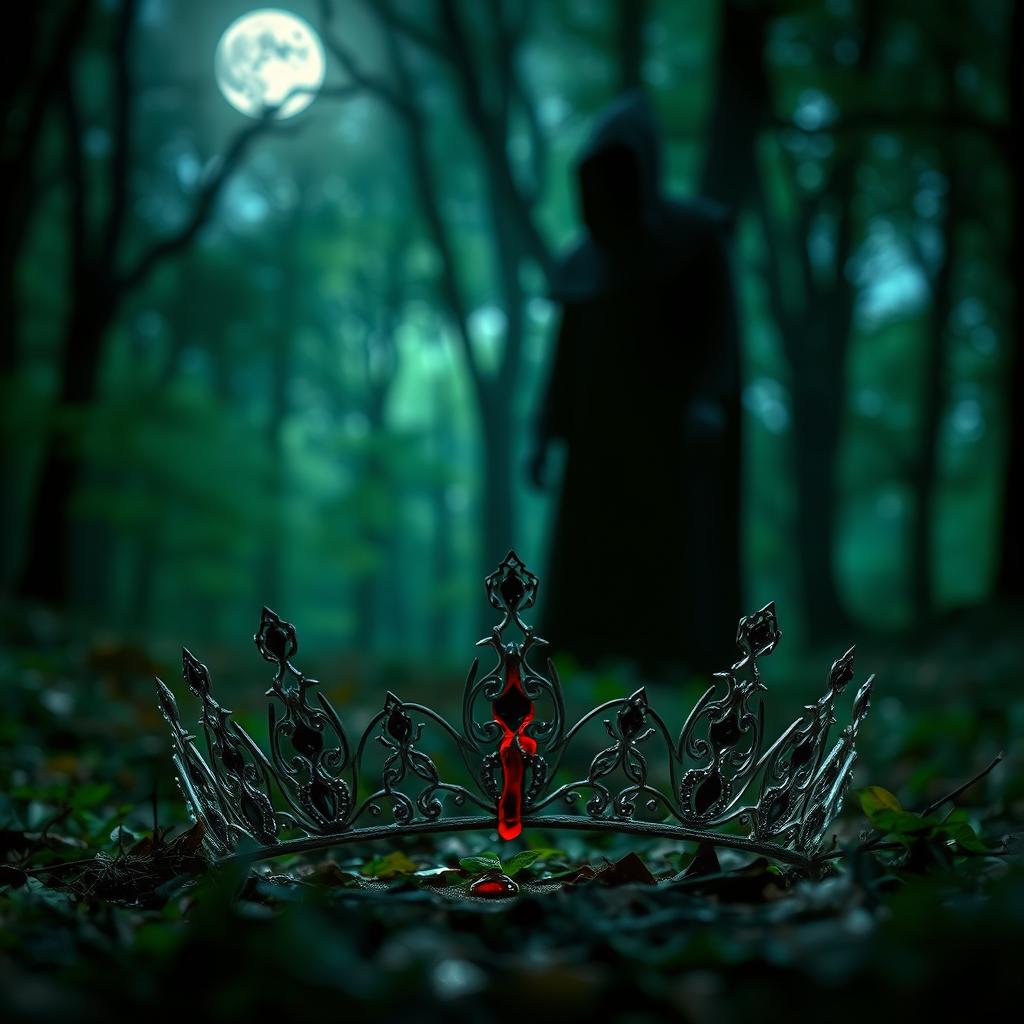 A captivating scene featuring a tiara split in half, resting on the forest floor with a drop of blood perched delicately on one piece
