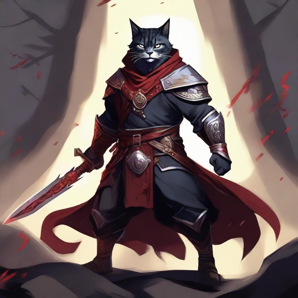 An impressive digital art illustration of a large-breed Catfolk who is a blood hunter of the order of the profane soul