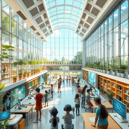 A futuristic school, filled with advanced technology and innovative architecture, showcasing a vibrant and inspiring learning environment