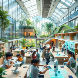 A futuristic school, filled with advanced technology and innovative architecture, showcasing a vibrant and inspiring learning environment
