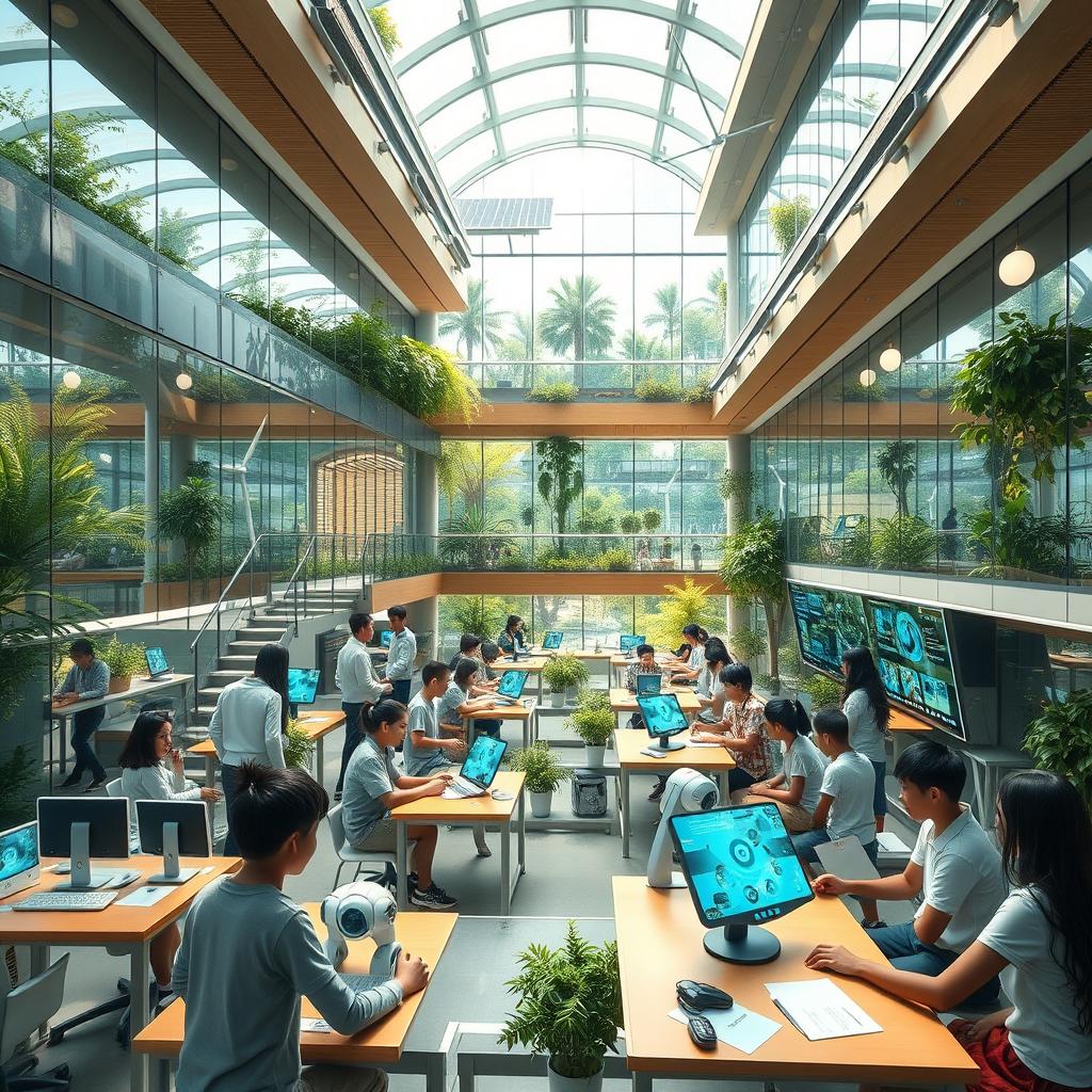 A futuristic school, filled with advanced technology and innovative architecture, showcasing a vibrant and inspiring learning environment