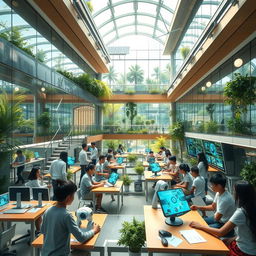 A futuristic school, filled with advanced technology and innovative architecture, showcasing a vibrant and inspiring learning environment