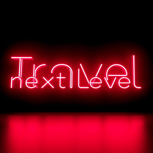 A striking image featuring a black background with the words "Travel, next Level" in bold, vibrant red neon letters