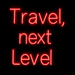 A striking image featuring a black background with the words "Travel, next Level" in bold, vibrant red neon letters