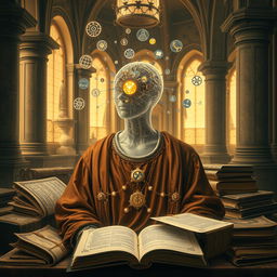 A classical Renaissance-inspired scene depicting a human figure with an ethereal, translucent head, representing thoughts being filtered through an intricate mechanical filter