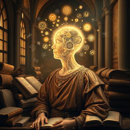 A classical Renaissance-inspired scene depicting a human figure with an ethereal, translucent head, representing thoughts being filtered through an intricate mechanical filter