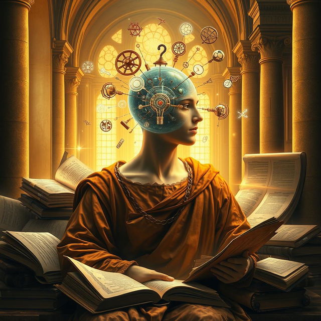 A classical Renaissance-inspired scene depicting a human figure with an ethereal, translucent head, representing thoughts being filtered through an intricate mechanical filter