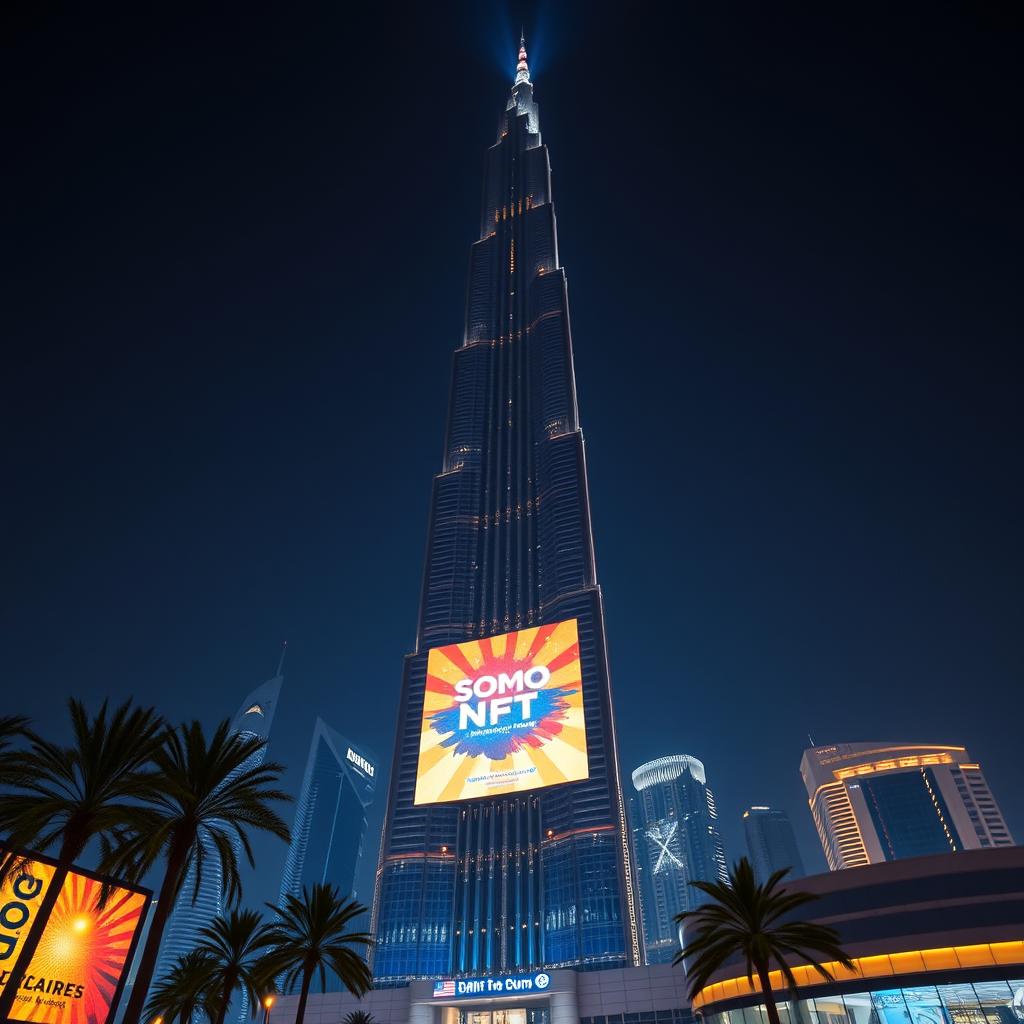 A stunning and realistic advertisement showcasing a SOMO NFT illuminated on light boards atop the facade of the iconic Burj Khalifa in Dubai at night