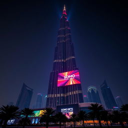 A stunning and realistic advertisement showcasing a SOMO NFT illuminated on light boards atop the facade of the iconic Burj Khalifa in Dubai at night
