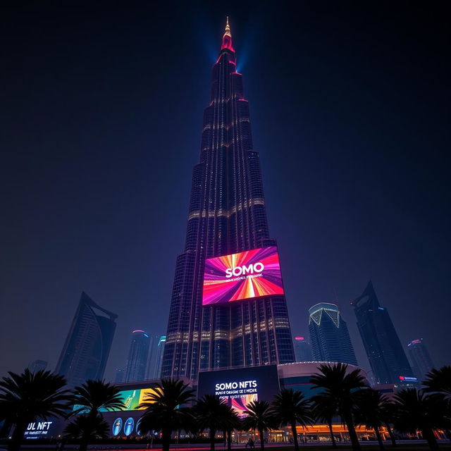 A stunning and realistic advertisement showcasing a SOMO NFT illuminated on light boards atop the facade of the iconic Burj Khalifa in Dubai at night
