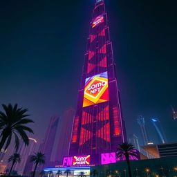 A stunning and realistic advertisement showcasing a SOMO NFT illuminated on light boards atop the facade of the iconic Burj Khalifa in Dubai at night