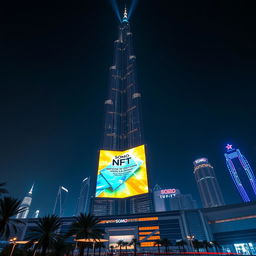 A stunning and realistic advertisement showcasing a SOMO NFT illuminated on light boards atop the facade of the iconic Burj Khalifa in Dubai at night