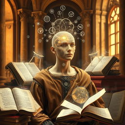 A classical Renaissance-inspired scene depicting a human figure with an ethereal, translucent head, representing thoughts being filtered through an intricate mechanical filter
