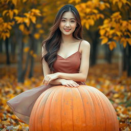 A beautiful Korean woman poses elegantly and attractively, standing in front of the camera with a gentle smile atop a large pumpkin