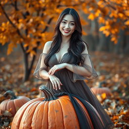 A beautiful Korean woman poses elegantly and attractively, standing in front of the camera with a gentle smile atop a large pumpkin