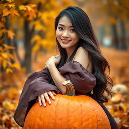 A beautiful Korean woman poses elegantly and attractively, standing in front of the camera with a gentle smile atop a large pumpkin