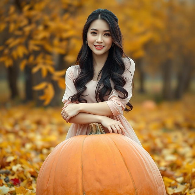 A beautiful Korean woman poses elegantly and attractively, standing in front of the camera with a gentle smile atop a large pumpkin