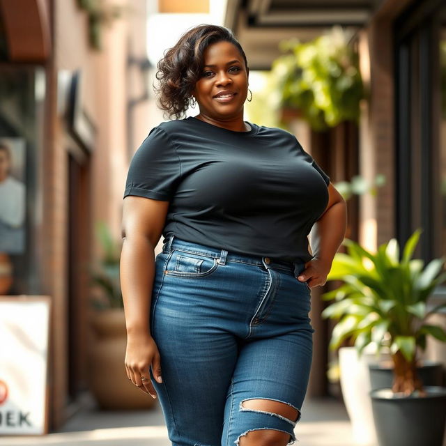 A portrait of a thick, mature woman confidently dressed in a fitted black t-shirt and stylish blue jeans