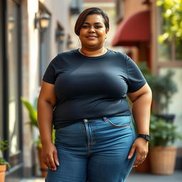 A portrait of a thick, mature woman confidently dressed in a fitted black t-shirt and stylish blue jeans