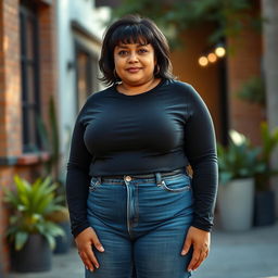 A portrait of a thick, mature woman confidently dressed in a fitted black t-shirt and stylish blue jeans