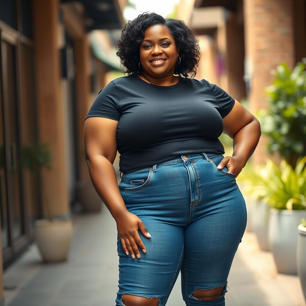 A portrait of a thick, mature woman confidently dressed in a fitted black t-shirt and stylish blue jeans