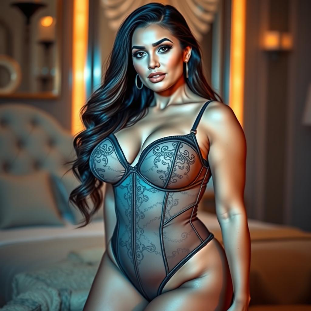 A stunning woman with a voluptuous figure, featuring an ample bust, posing confidently in a sexy bodysuit that clings to her curves