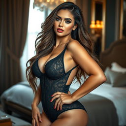 A stunning woman with a voluptuous figure, featuring an ample bust, posing confidently in a sexy bodysuit that clings to her curves