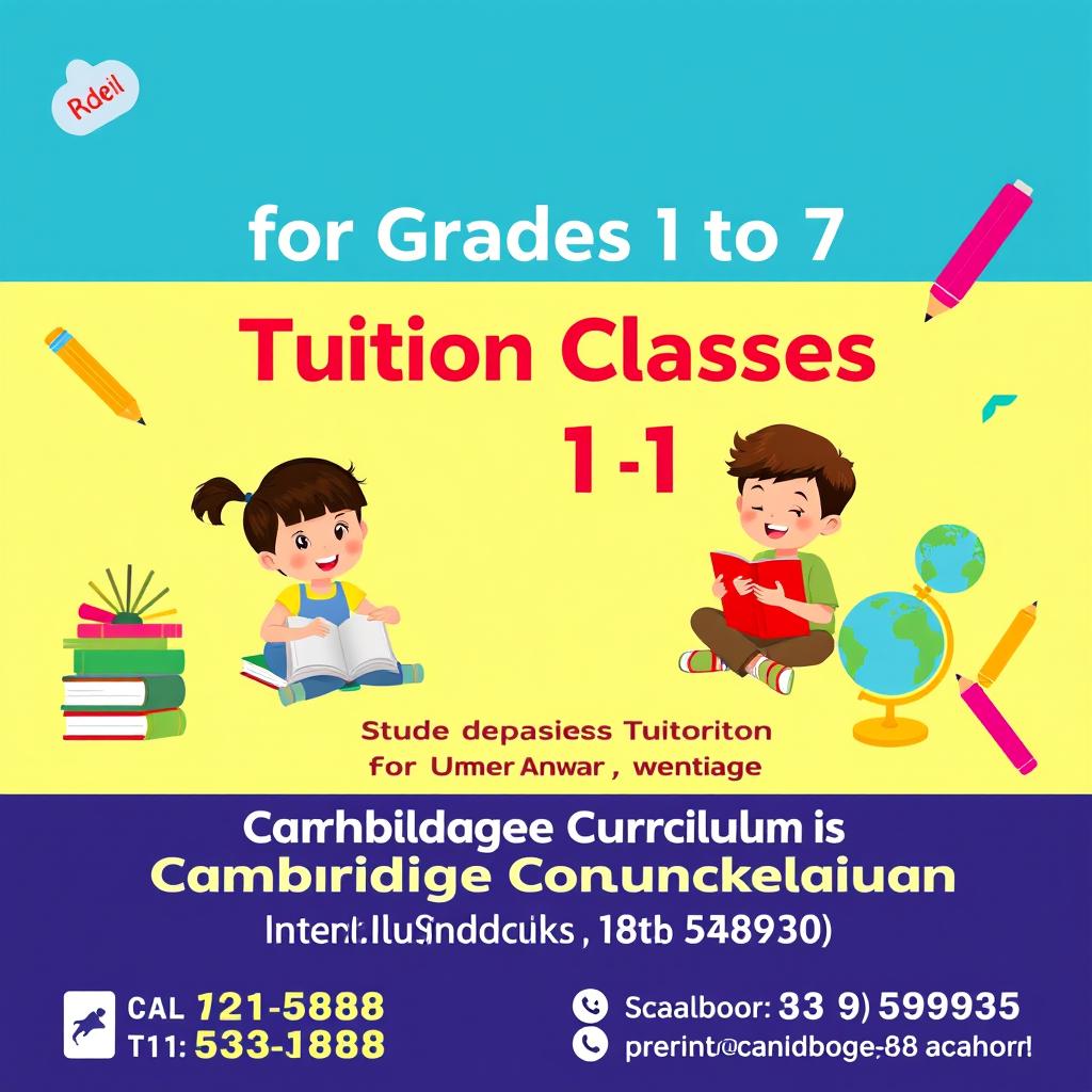 A vibrant and eye-catching poster promoting tuition classes for students in grades 1 to 7 following the Cambridge curriculum, conducted by Umer Anwar