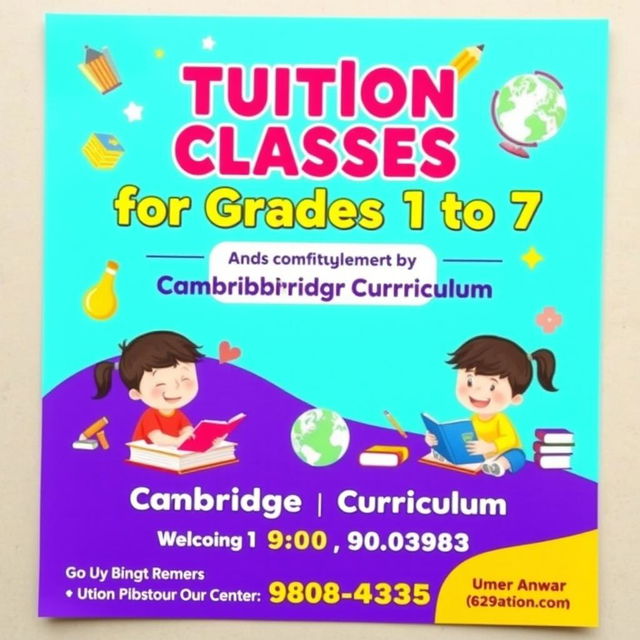 A vibrant and eye-catching poster promoting tuition classes for students in grades 1 to 7 following the Cambridge curriculum, conducted by Umer Anwar