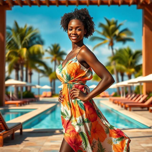 A stunning black woman model posing confidently at a luxurious resort, displaying a full body view