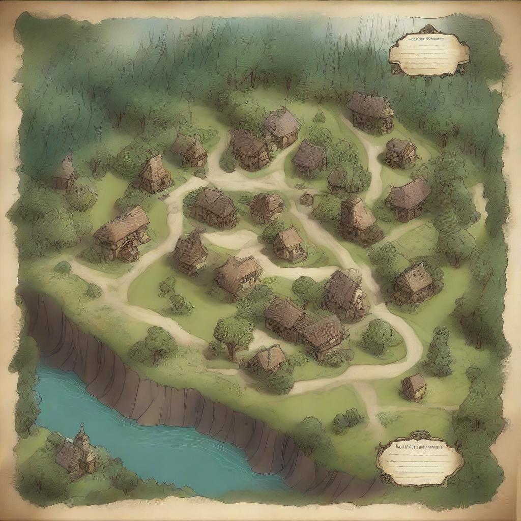 A high-quality, hand-drawn style map of a quaint village nestled within a lush forest