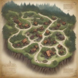 A high-quality, hand-drawn style map of a quaint village nestled within a lush forest