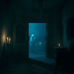 A hauntingly eerie scene set in an abandoned, dimly lit mansion