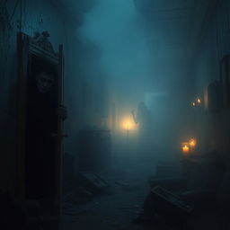 A hauntingly eerie scene set in an abandoned, dimly lit mansion