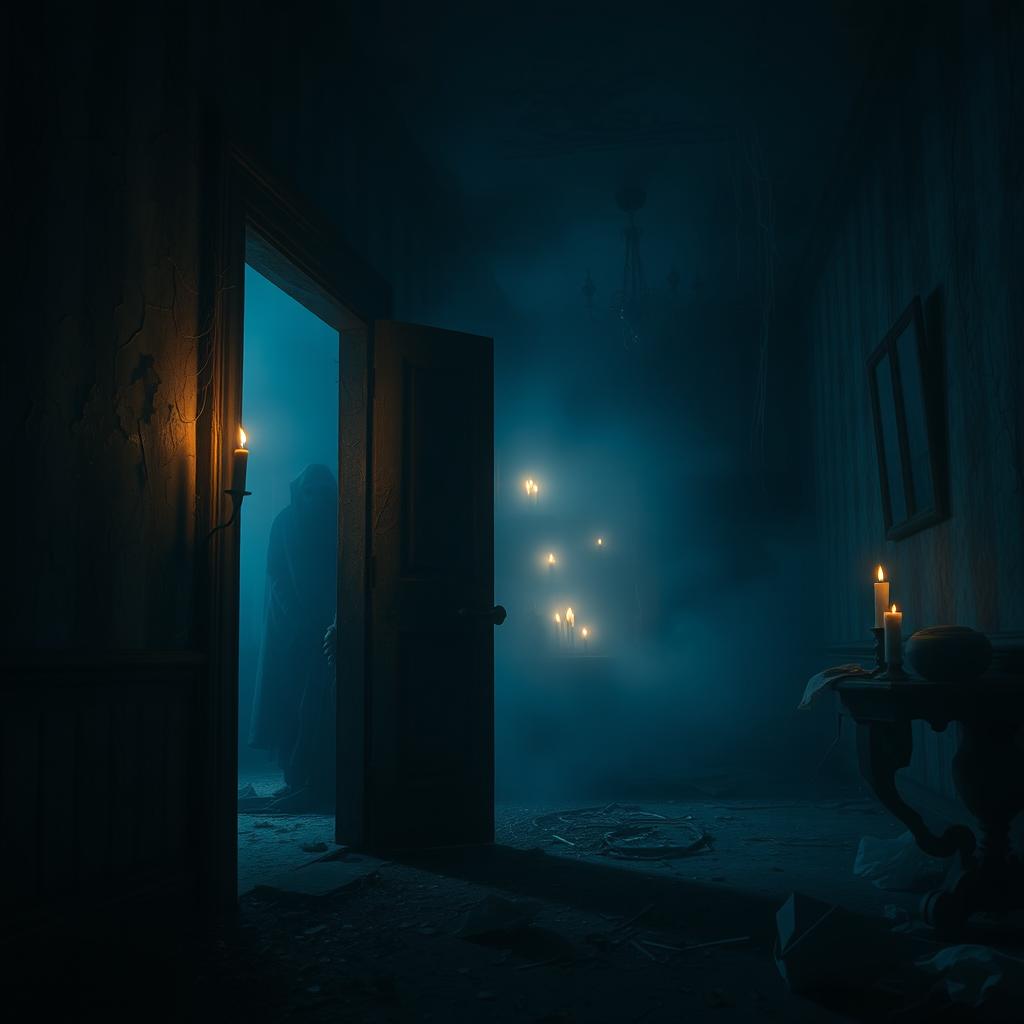 A hauntingly eerie scene set in an abandoned, dimly lit mansion