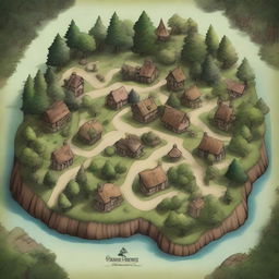 A high-quality, hand-drawn style map of a quaint village nestled within a lush forest