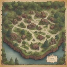 A high-quality, hand-drawn style map of a quaint village nestled within a lush forest