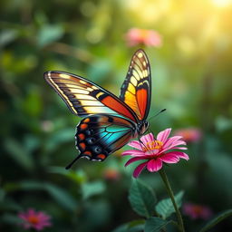 A realistic and vibrant butterfly perched on a colorful flower in a lush, green natural environment