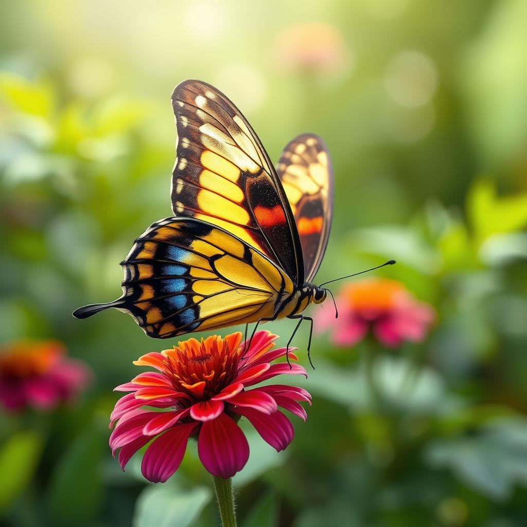 A realistic and vibrant butterfly perched on a colorful flower in a lush, green natural environment