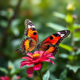 A realistic and vibrant butterfly perched on a colorful flower in a lush, green natural environment