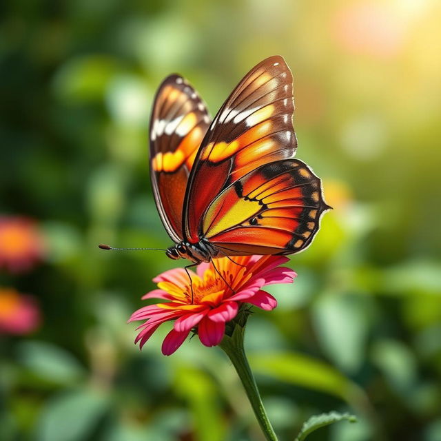 A realistic and vibrant butterfly perched on a colorful flower in a lush, green natural environment