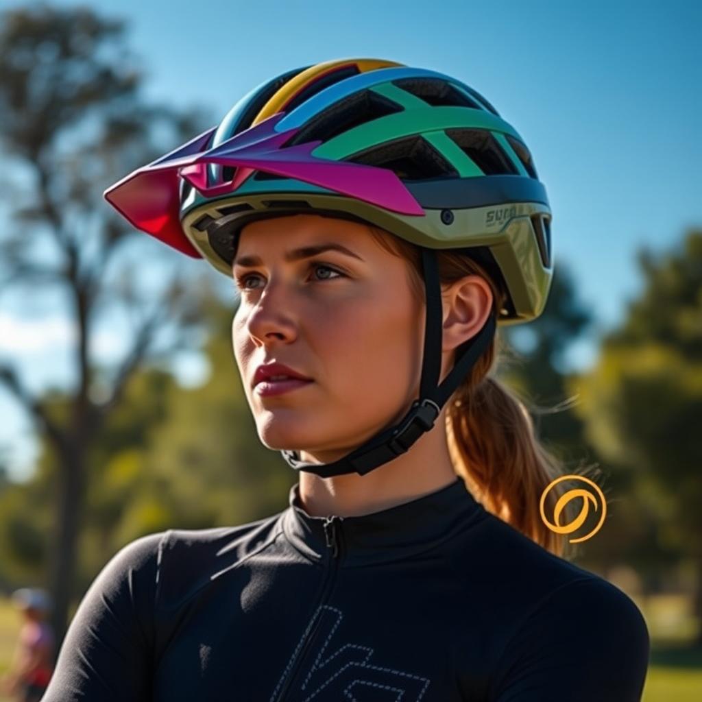 An individual wearing a stylish, colorful helmet, standing confidently